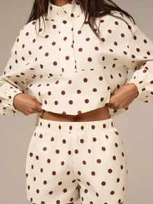 Athîral Women's Brown Polka Dot 2 Piece Sports Set,Half Zip Pullover Jacket,Elastic Waist Shorts,Casual Athleisure For Gym And Workout,Women Tracksuit Set - White - View 7
