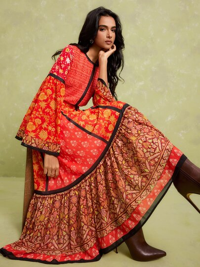 LOTSLUV Women's Early Autumn Elegant Boho Vacation, Orange Red, Round Neck Bell Sleeve Cinched Waist A-Line Printed Dress Vacation,Elegant Long Party Dress
