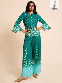 LOTSLUV Women's Early Autumn Elegant Romantic Commute Brunch Green Floral Aqua Green Gradient Small Ditsy V-Neck Bell Sleeve Blouse And Straight Leg Pants Set - Green - View 1