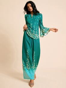 LOTSLUV Women's Early Autumn Elegant Romantic Commute Brunch Green Floral Aqua Green Gradient Small Ditsy V-Neck Bell Sleeve Blouse And Straight Leg Pants Set - Green - View 4