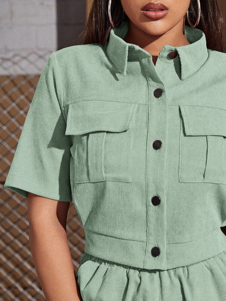Rue Lumi Corduroy Flap Pocket Blouse & Trousers - Mint Green - View 6