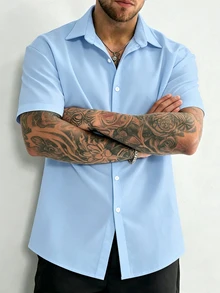 Manfinity Dauomo 加大码男士纯色单排扣休闲百搭日常短袖衬衫 - 淺藍色 - 查看 3