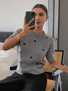 DAZY Heart Decor Loose Fit Short Sleeve Round Neck Casual Knit Top For Women, Spring/Autumn - Grey - View 7