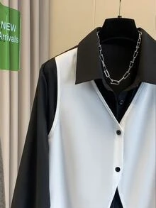 Franclia Women's Color Block Solid Collared Shirt, Suitable For Commuting, Office, Back To School, Teaching, Indoor And Outdoor Wear, Spring/Autumn - Black and White - View 6