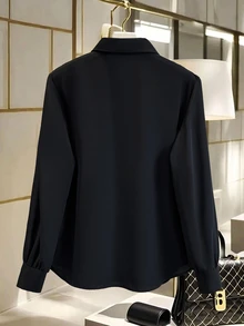 Franclia Women's Color Block Solid Collared Shirt, Suitable For Commuting, Office, Back To School, Teaching, Indoor And Outdoor Wear, Spring/Autumn - Black and White - View 2