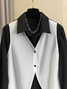 Franclia Women's Color Block Solid Collared Shirt, Suitable For Commuting, Office, Back To School, Teaching, Indoor And Outdoor Wear, Spring/Autumn - Black and White - View 5