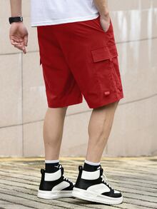 Manfinity Homme Men's Solid Color Drawstring Waist Cargo Pocket Casual Shorts - Red - View 2