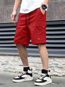 Manfinity Homme Men's Solid Color Drawstring Waist Cargo Pocket Casual Shorts - Red - View 3