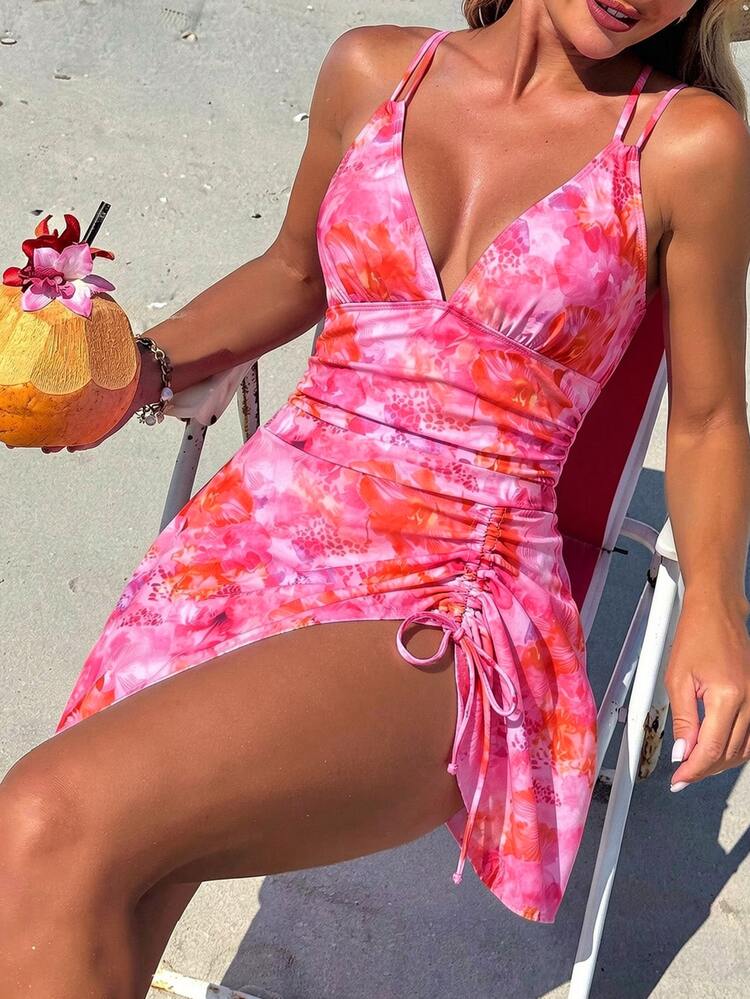 Swim Lushoire Women's Summer Beach Outfit, Floral Print Drawstring Criss-Cross Strap V-Neck Ruched Skort, Sexy Vacation Swim Skirt - Pink - View 2