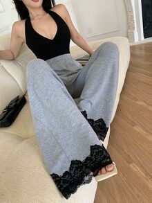 Modelyn 休閒寬鬆 33% 棉直筒運動長褲，彈性腰帶，蕾絲拼接，適合日常穿著 - 灰色 - 查看 7
