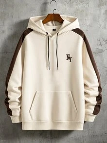 Manfinity Homme 男士連帽衛衣，寬鬆版型，男士拼色連帽衫，棕色與杏色拼接男士運動衫，時尚NY字母印花，老錢風，休閒日常，週末出遊，戶外活動，旅行探險，放鬆工作環境或半正式場合，適合作為送給男友/丈夫的禮物，週年/生日派對，夏季度假 - 杏色 - 查看 3