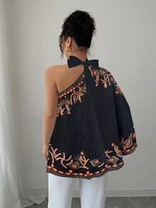 Rafferiza 女款波希米亞風性感不對稱領口黑橘巴洛克圖案蝙蝠袖上衣，派對夜生活秋季穿搭 - 黑色 - 查看 2