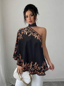 Rafferiza 女款波希米亞風性感不對稱領口黑橘巴洛克圖案蝙蝠袖上衣，派對夜生活秋季穿搭 - 黑色 - 查看 3