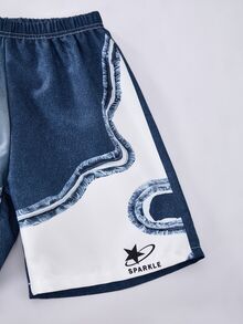 SHEIN Coolqubz 小男孩字母圖案拉鍊外套與短褲休閒套裝 - 藍白色 - 查看 5