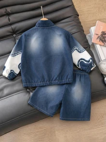 SHEIN Coolqubz 小男孩字母圖案拉鍊外套與短褲休閒套裝 - 藍白色 - 查看 2