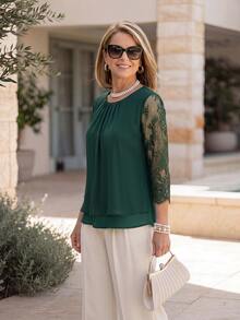 Miaspire Elegant Granny Lace Top For Mothers Made Of Chiffon Green With A Loose Layered Fit Three-Quarter Sleeves Mother Of The Groom Teachers' Day Autumn - Dark Green - View 4