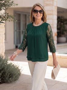 Miaspire Elegant Granny Lace Top For Mothers Made Of Chiffon Green With A Loose Layered Fit Three-Quarter Sleeves Mother Of The Groom Teachers' Day Autumn - Dark Green - View 8
