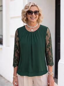 Miaspire Elegant Granny Lace Top For Mothers Made Of Chiffon Green With A Loose Layered Fit Three-Quarter Sleeves Mother Of The Groom Teachers' Day Autumn - Dark Green - View 6