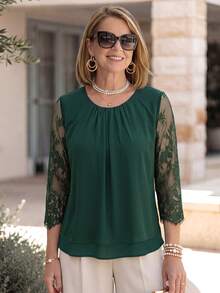 Miaspire Elegant Granny Lace Top For Mothers Made Of Chiffon Green With A Loose Layered Fit Three-Quarter Sleeves Mother Of The Groom Teachers' Day Autumn - Dark Green - View 2