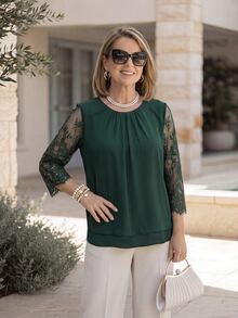 Miaspire Elegant Granny Lace Top For Mothers Made Of Chiffon Green With A Loose Layered Fit Three-Quarter Sleeves Mother Of The Groom Teachers' Day Autumn - Dark Green - View 5