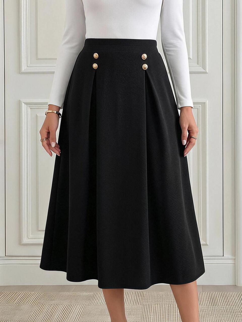 Elegant Classy Paris Pleated Skirt, Black N Gold A Line Fit, High Waist, Button, Midi Length, Office Tea Party Work, Autumn Teachers' Day