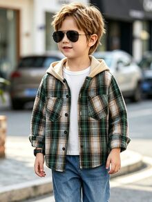 SHEIN Genkimix Kids 男童格紋連帽襯衫夾克，春秋季男童格紋連帽襯衫夾克，兒童長袖棉混紡上衣，4-7歲幼兒春秋套裝，帥氣韓系學院風夾克，生日禮物 - 綠色 - 查看 3