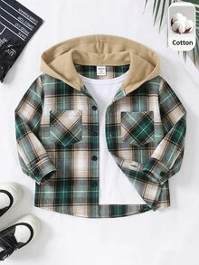 SHEIN Genkimix Kids 男童格紋連帽襯衫夾克，春秋季男童格紋連帽襯衫夾克，兒童長袖棉混紡上衣，4-7歲幼兒春秋套裝，帥氣韓系學院風夾克，生日禮物 - 綠色 - 查看 1