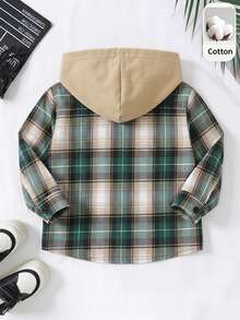 SHEIN Genkimix Kids 男童格紋連帽襯衫夾克，春秋季男童格紋連帽襯衫夾克，兒童長袖棉混紡上衣，4-7歲幼兒春秋套裝，帥氣韓系學院風夾克，生日禮物 - 綠色 - 查看 2