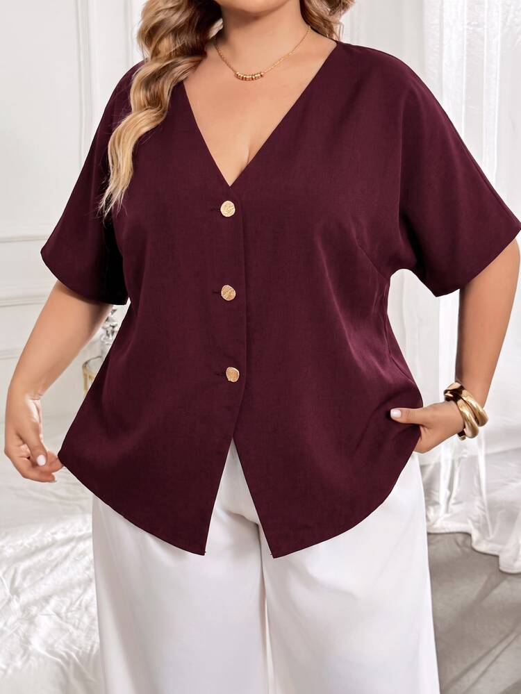 SHEIN CURVE+ Plus Size Autumn Casual Solid Color Batwing Sleeve Open Collar Button Decor Shirt - Burgundy - View 8