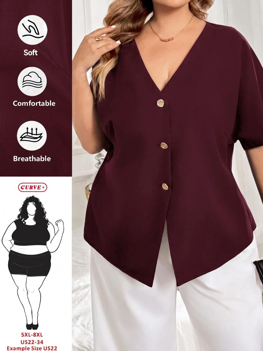 SHEIN CURVE+ 大尺碼秋季休閒純色蝙蝠袖開領鈕扣裝飾襯衫