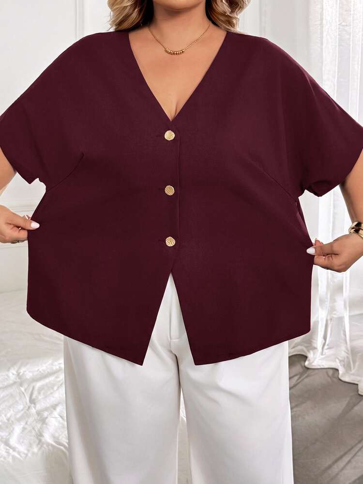 SHEIN CURVE+ Plus Size Autumn Casual Solid Color Batwing Sleeve Open Collar Button Decor Shirt - Burgundy - View 4
