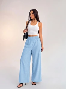 SHEIN PETITE 女款休閒度假腰帶式淺藍色寬腿長褲 夏季 - 淺藍色 - 查看 5