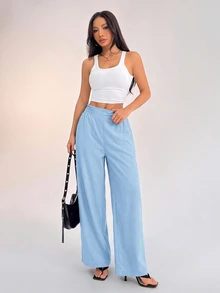 SHEIN PETITE 女款休閒度假腰帶式淺藍色寬腿長褲 夏季 - 淺藍色 - 查看 3