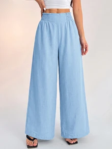 SHEIN PETITE 女款休閒度假腰帶式淺藍色寬腿長褲 夏季 - 淺藍色 - 查看 4
