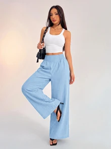SHEIN PETITE 女款休閒度假腰帶式淺藍色寬腿長褲 夏季 - 淺藍色 - 查看 6