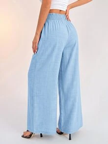 SHEIN PETITE 女款休閒度假腰帶式淺藍色寬腿長褲 夏季 - 淺藍色 - 查看 2