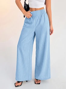 SHEIN PETITE 女款休閒度假腰帶式淺藍色寬腿長褲 夏季 - 淺藍色 - 查看 1
