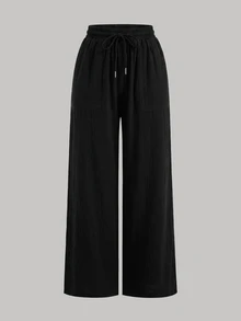 SHEIN PETITE 夏季抽繩腰寬腿純色長褲 - 彩色 - 查看 3