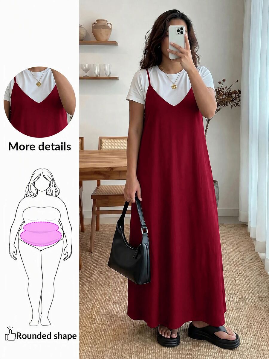 Enliva 大尺碼女款夏季黑色寬鬆細肩帶洋裝,側邊口袋 A 字版型遮肚 - 酒紅色 - 查看 1