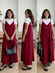 Enliva 大尺碼女款夏季黑色寬鬆細肩帶洋裝，側邊口袋 A 字版型遮肚 - 酒紅色 - 查看 2