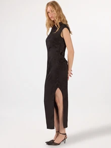 KÆRIA Hus Drape Asym Side Split Maxi Dress - Jacquard Satin - Black Floral - Dinner Party Night Wedding Evening Summer Elegant New Year - Black - View 3
