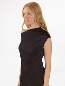 KÆRIA Hus Drape Asym Side Split Maxi Dress - Jacquard Satin - Black Floral - Dinner Party Night Wedding Evening Summer Elegant New Year - Black - View 7