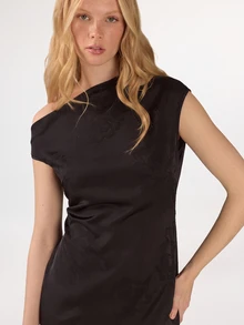 KÆRIA Hus Drape Asym Side Split Maxi Dress - Jacquard Satin - Black Floral - Dinner Party Night Wedding Evening Summer Elegant New Year - Black - View 4