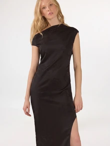 KÆRIA Hus Drape Asym Side Split Maxi Dress - Jacquard Satin - Black Floral - Dinner Party Night Wedding Evening Summer Elegant New Year - Black - View 5