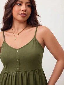 Enliva 大尺碼女款春夏時尚休閒彈性舒適日常百搭修身收腰短袖軍綠色背心上衣，外出上衣，圓弧領上衣，春季服飾，極簡風大尺碼短袖上衣，女款上衣，大尺碼休閒上衣，黑色娃娃裝上衣 - 軍綠色 - 查看 4