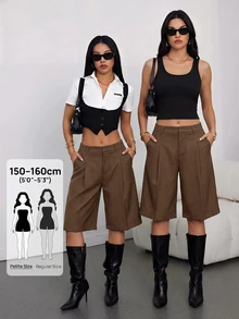 SHEIN PETITE 春季極簡通勤灰色百慕大短褲 女款西裝短褲 - 巧克力棕 - 查看 7