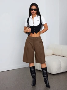 SHEIN PETITE 春季極簡通勤灰色百慕大短褲 女款西裝短褲 - 巧克力棕 - 查看 5