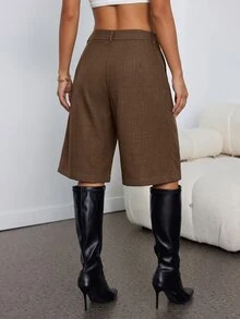 SHEIN PETITE 春季極簡通勤灰色百慕大短褲 女款西裝短褲 - 巧克力棕 - 查看 2