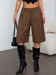 SHEIN PETITE 春季極簡通勤灰色百慕大短褲 女款西裝短褲 - 巧克力棕 - 查看 9