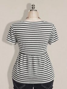 SHEIN ICON Women's Plus Size Black & Grey Striped 2 In 1 T-Shirt - Grey - View 3
